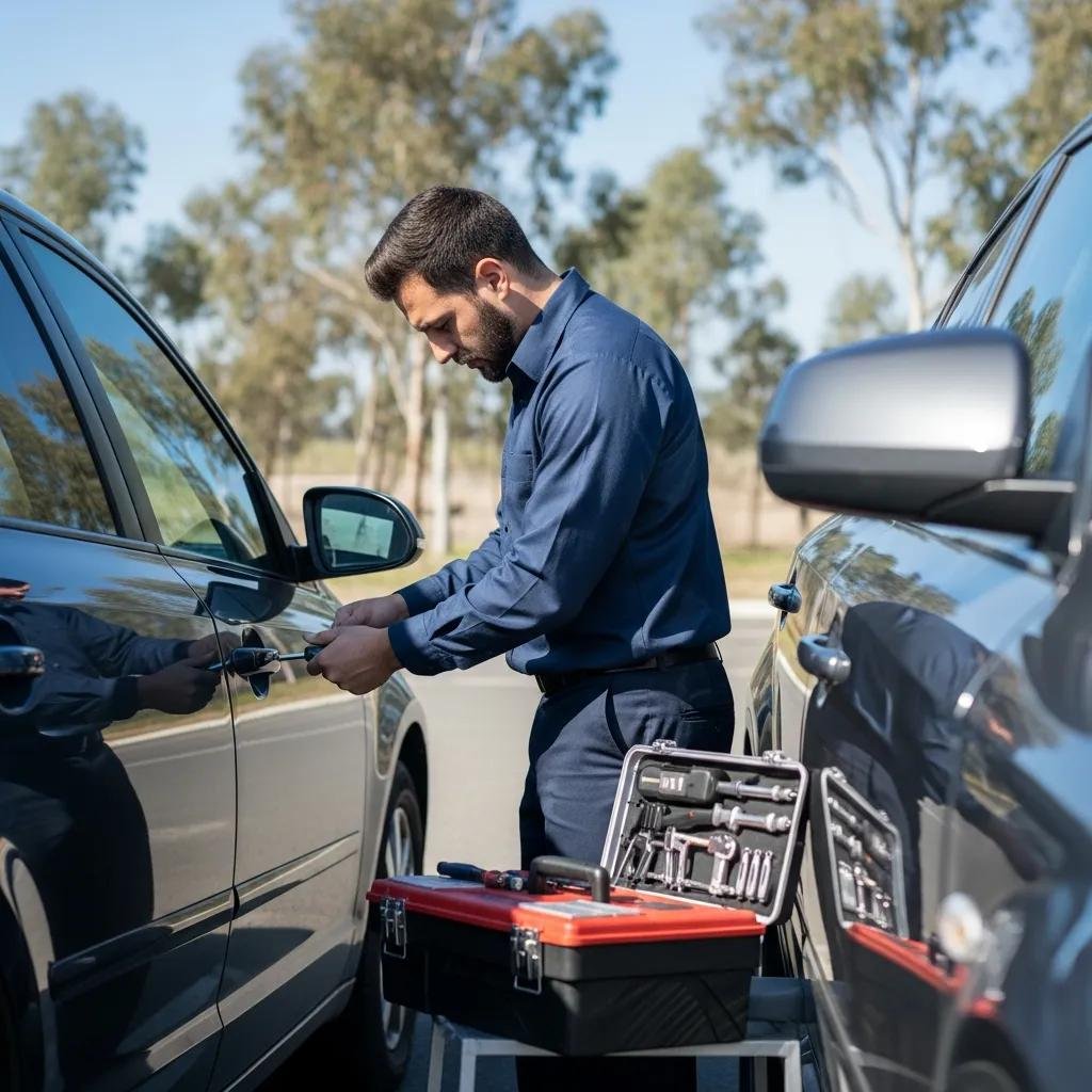 Professional auto locksmith unlocking a modern vehicle in a parking lot