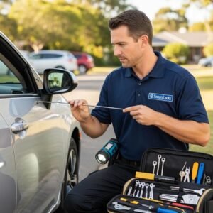 Professional automotive locksmith unlocking a car door with tools
