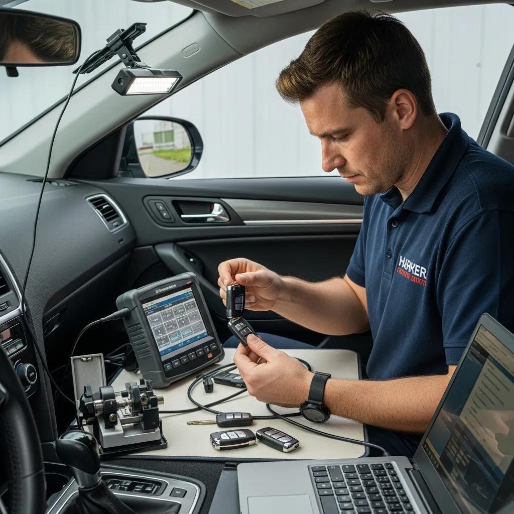 Professional locksmith replacing a car key with tools in a well-lit environment